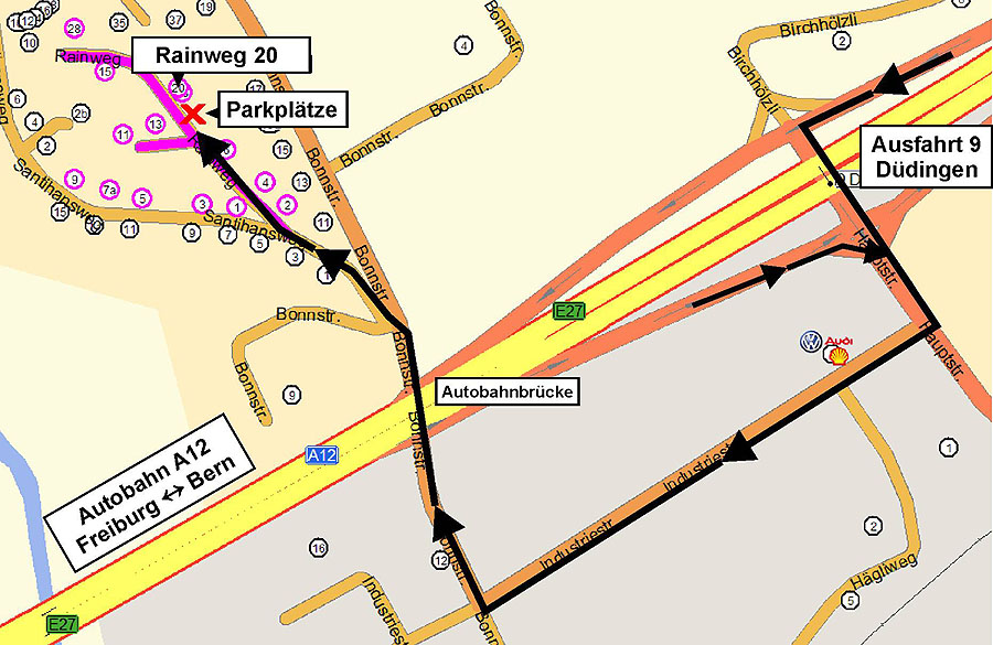 Anfahrt ab Autobahnausfahrt Düdingen